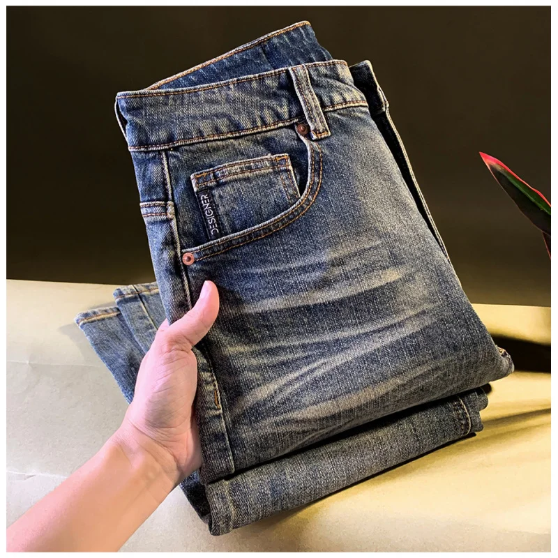 

Осень 925, модные мужские джинсы в корейском стиле, модные легкие роскошные свободные прямые брюки в стиле ретро, повседневные универсальные мужские брюки