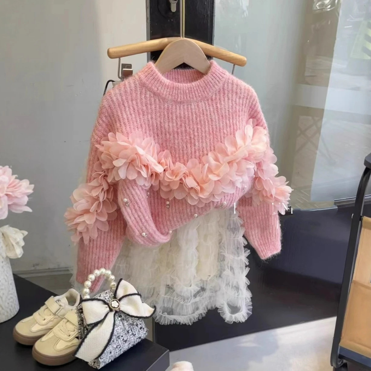 2025 الفتيات الخريف/الشتاء جديد زهرة الصناعة الثقيلة محبوك سترة مزاجه الأميرة نمط لينة لزجة تنوعا سترة #2