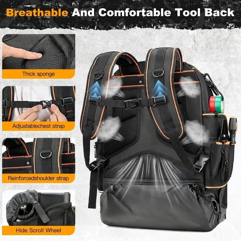 Wheeled Industrial Rolling Kit with USB Port Lock, Molded Base, Heavy Tool Backpack for Electricians, Plumbers