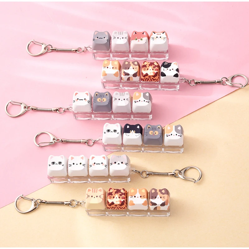 Cute Cat 4Key Keyboard Fidget Keychain Kawaii Clicker Stress Relief Toy with Satisfying Tactile Feedback Portable Bag Charm Gift