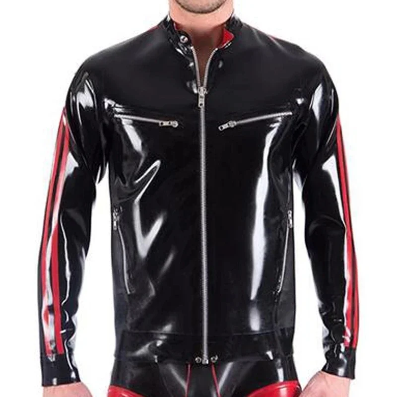 Latex Jacket Coat Rubber Catsuit Black with Red with Front Zip 2 Breast Zip 2 Red Stripes