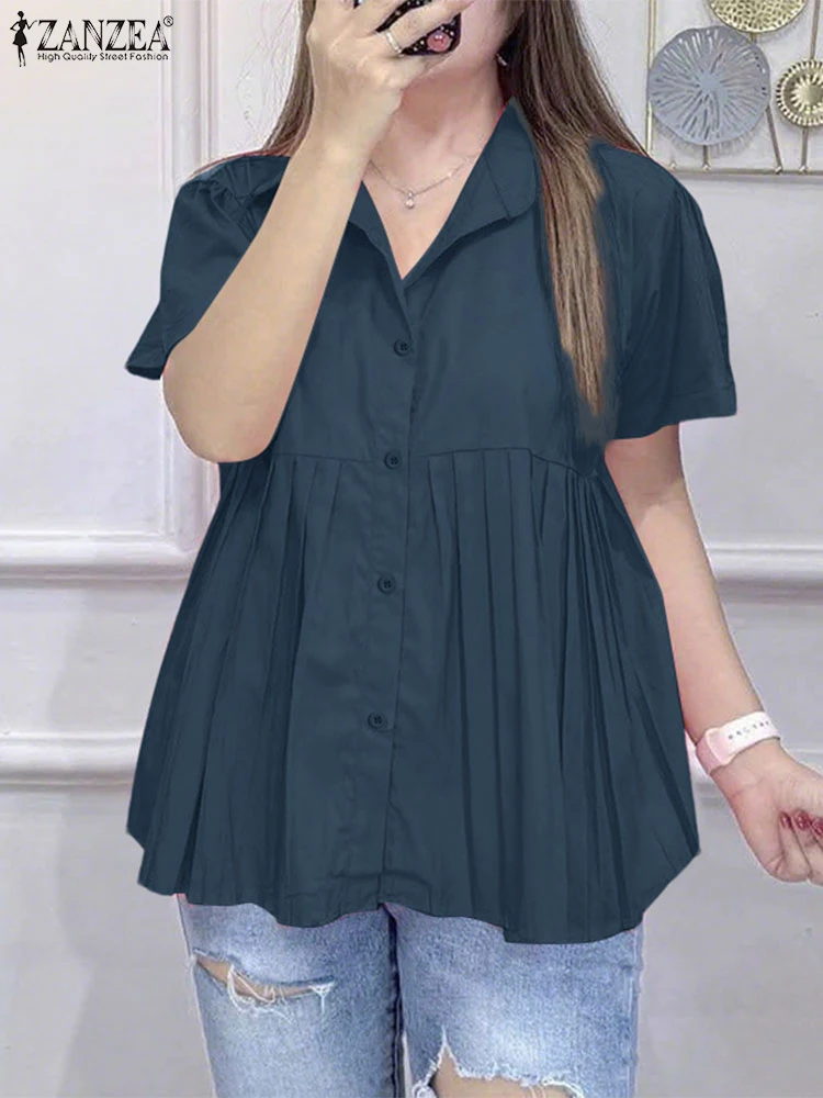 ZANZEA Summer Office Shirts Fashion Women Shirt Women Solid Pleated Blouse Female OL Work Blusas Lapel Neck Short Sleeve Tops