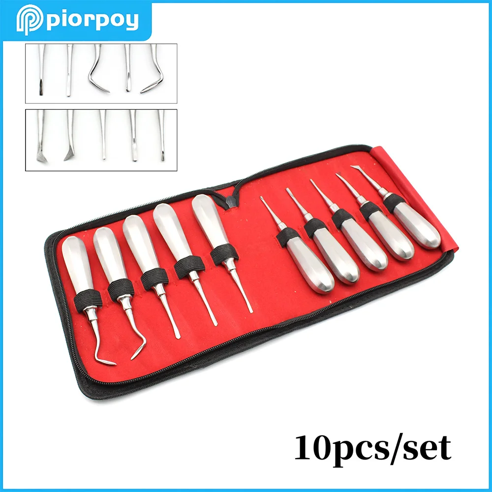 

PIORPOY 10Pcs Dental Extraction Elevator Kit Stainless Steel Straight Curved Root Lifter Curved Root Hexagon Handle Dental Tools