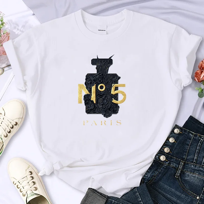 For Women's Luxury Brand Perfume High-Quality Summer Print T-shirt 100% Cotton Casual Oversized Y2k Personality Sleeve O-neck