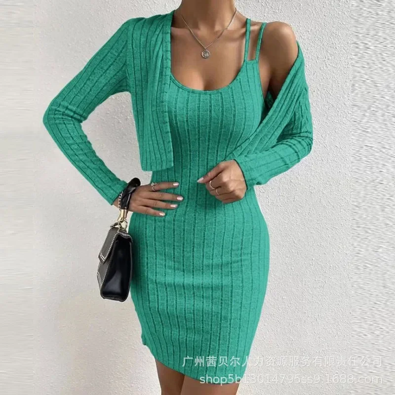 Tight Dress 2pcs Sets Outfits Sheath Dress Sets Trend Long Sleeve Cardigan Tops Women Long Sleeve Sling Grey Tops Bodycon Dress