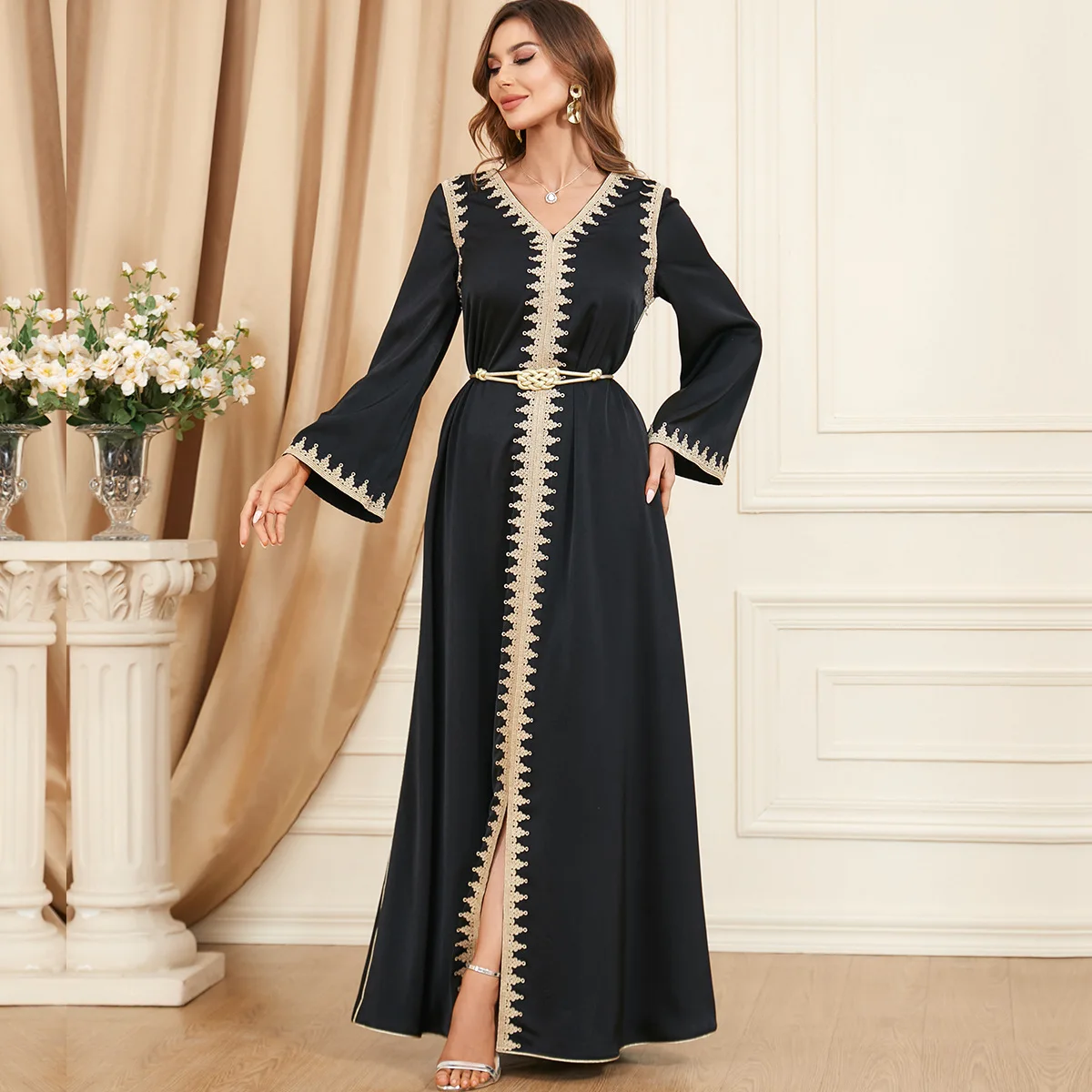 

Luxury Morocco Embroidery Middle East Evening Dress Muslim Roe Kaftan Abaya Flare Long Sleeves Belt Elegant Dubai Party Gowns