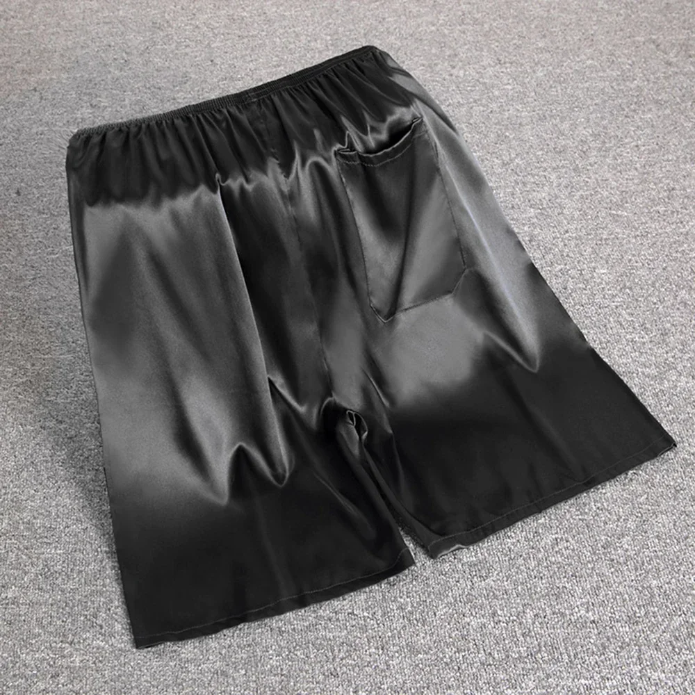 Men Elastic Waist Silk Satin Pajamas Shorts Nightwear Pocket Pants Bottoms Bermuda Quick Dry Beach Shorts Male Sweatpants 2025