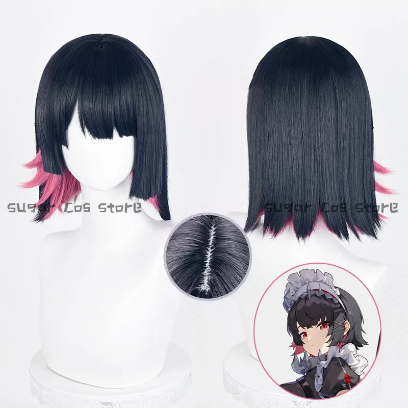 Game Zenless Zone Zero Ellen Joe Peruca Cosplay para Homens e Mulheres, Preto, Vermelho Escuro, Mix Curto, Cabelo Sintético, Headwear Halloween, 30cm