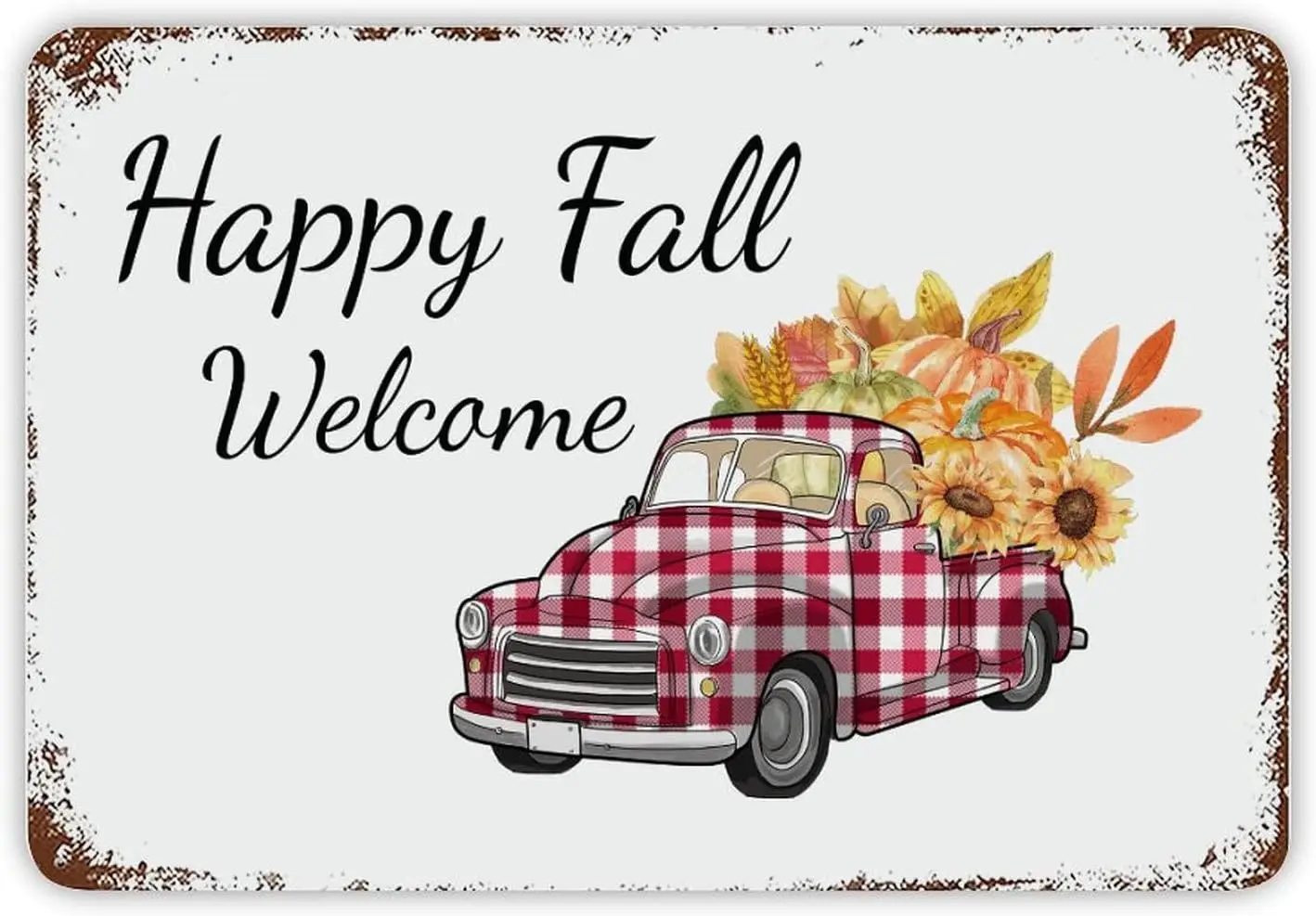 Autumn Red Buffalo Plaid Truck Metal Sign Pumpkin Sunflower Maple Leaf Tin Sign Happy Fall Thanksgiving Metal Sign Rustic Farm B