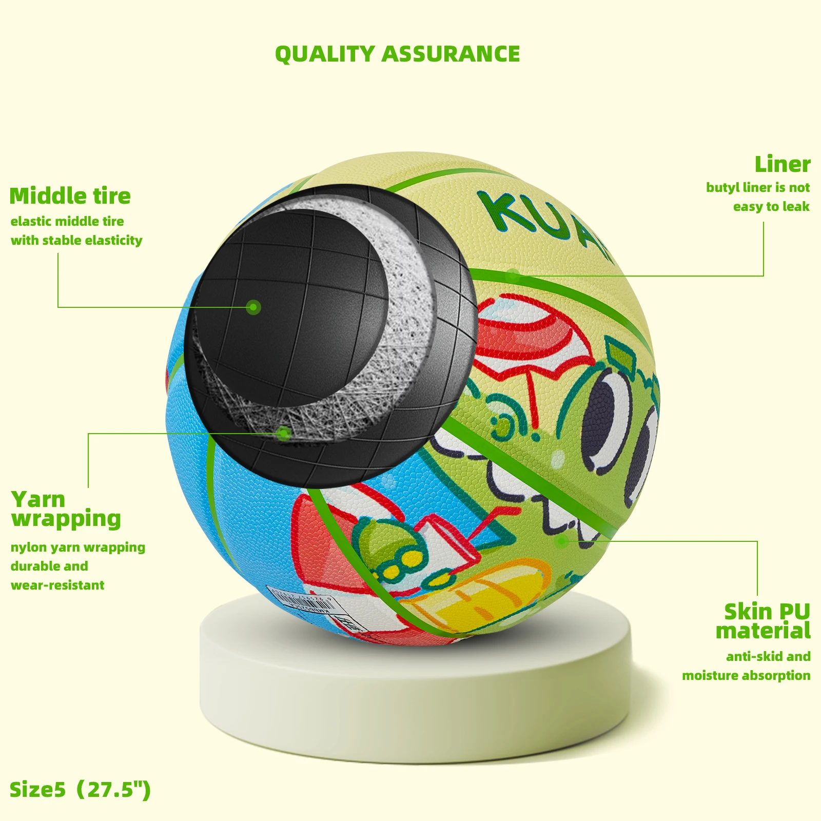 Kuangmi Crocodile Basketball Size 5 (27.5 นิ้ว) สําหรับเด็กชายและเด็กหญิงวัยรุ่น เกมบาสเก็ตบอลในร่ม/กลางแจ้ง KMBB525