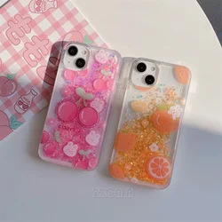 Pink Cherry Gold Orange Luminous Cover For iPhone 11 12 13 Pro Max 14+ 15 Plus Case Glitter Shiny Liquid Quicksand Clear Shells