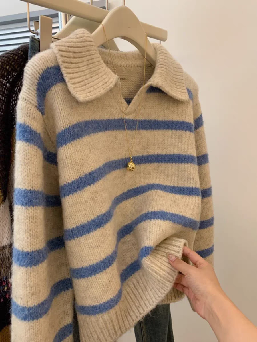 Blue Striped Soft Thickened Neck Sweater Women's Autumn Winter Loose Fit Overhead Knitted Shirt Small Size Turn-down Collar