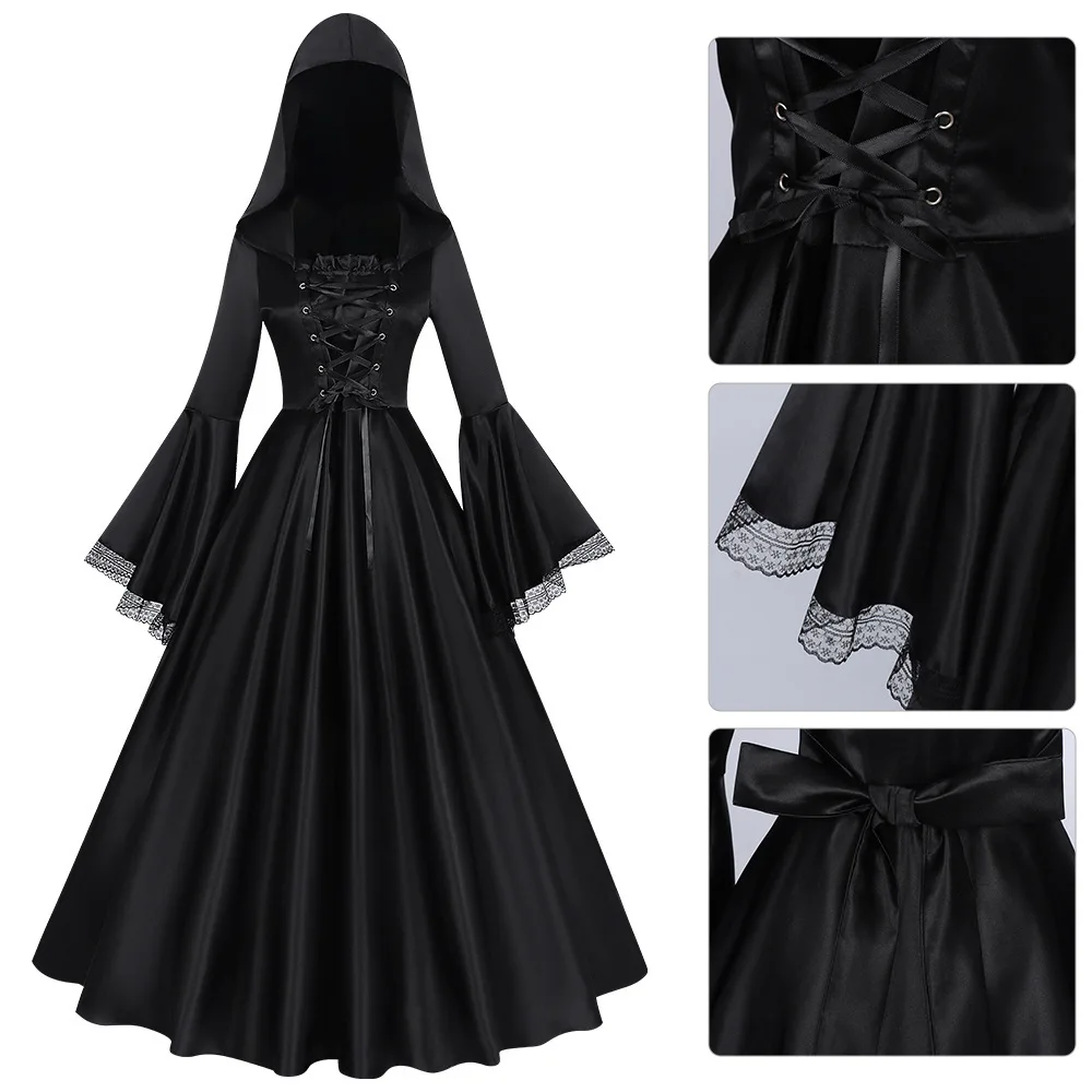 

Gothic Sle Medieval Witch Long Skirt with Hat Renaissance Dance Cosplay Costume plus Size Satin Material Four Seasons Wear