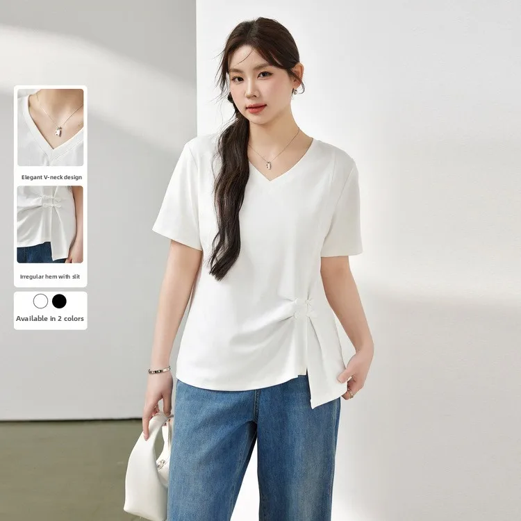 Camiseta con efecto adelgazante y diseño de botones, abertura Individual, ropa china de talla grande para mujer, verano 2024 Faion