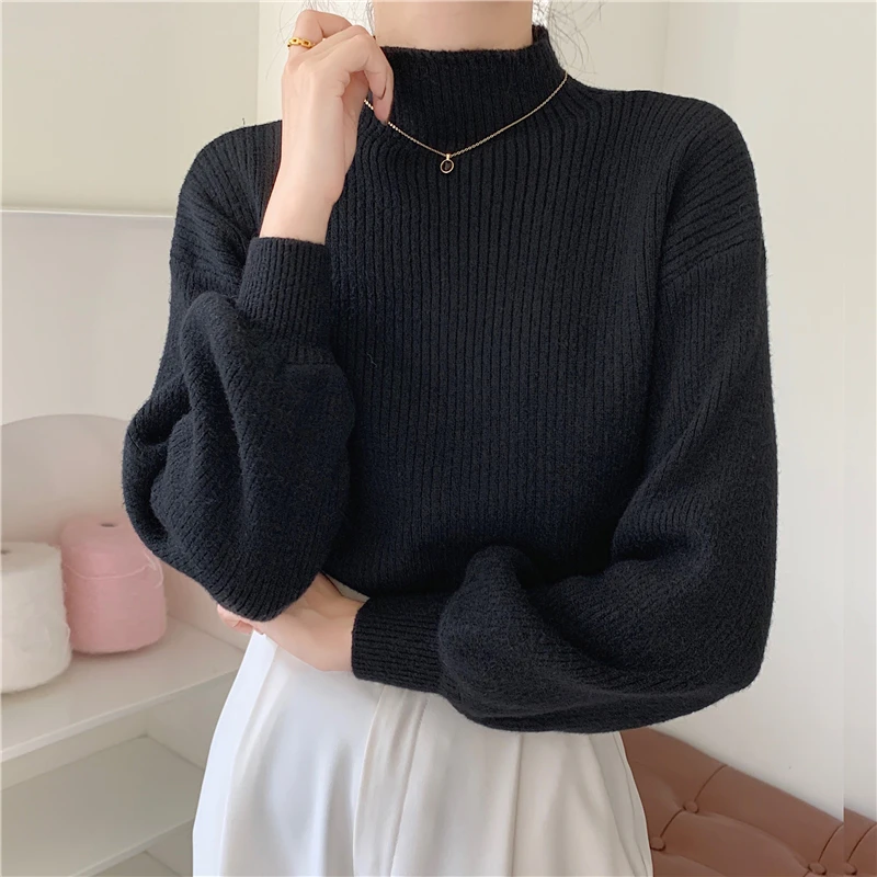 

Elegant Women's Solid Color Knitted Sweater Winter Fashion Office Women's Lantern Sleeves Half High Neck Women Pullover Sweater