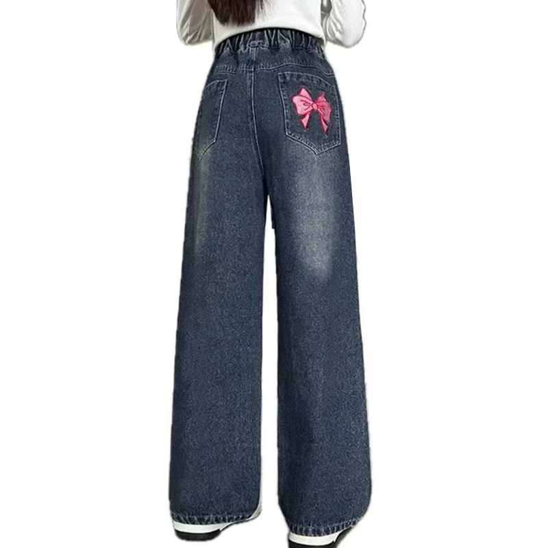 

Slim Fit School Girl Straight Jeans with Bows on Backpockets Child Spring Vintage Denim Pants with Bowknot Kids Casual Trousers