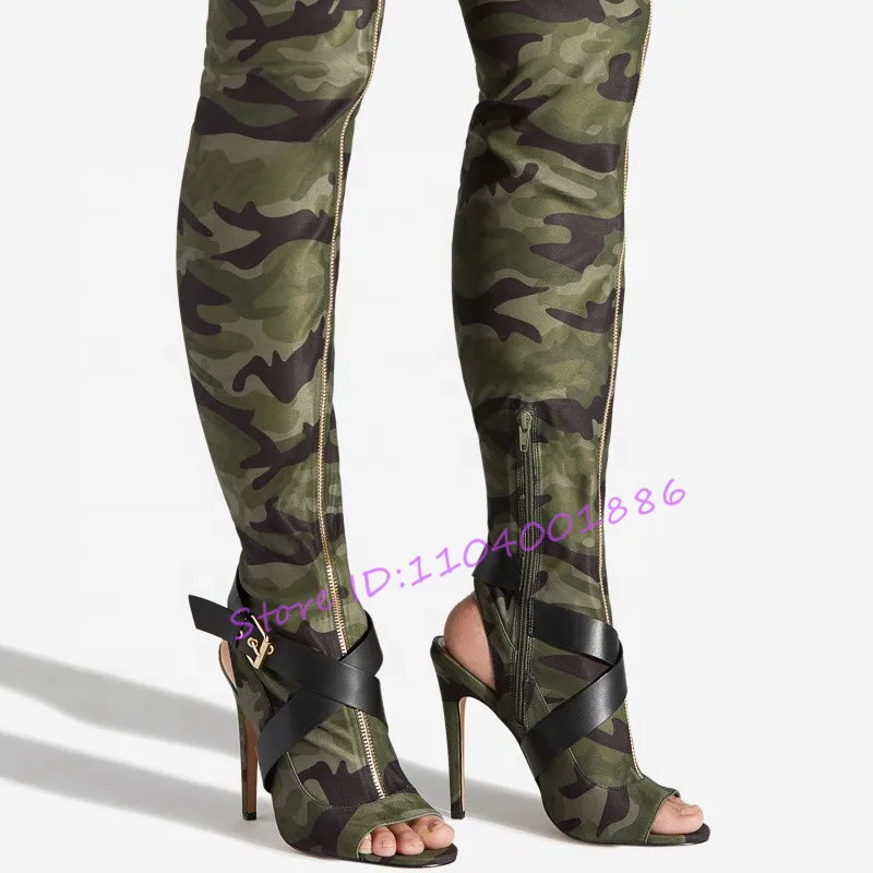 

Сапоги выше колена с открытым носком и пряжкой на ремне, пикантные женские камуфляжные сапоги на молнии спереди, эластичные длинные сапоги с открытой пяткой, пикантная обувь для девочек
