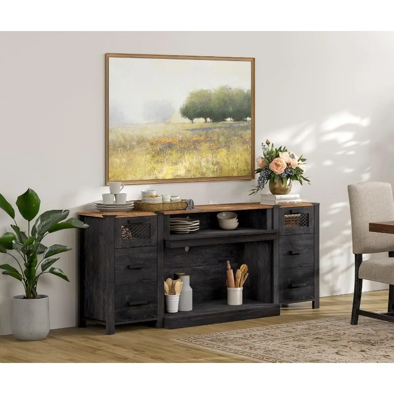 Sideboard Buffet Cabinets with Drawer Storage, Wood Coffee Bar with Open Shelves, Wood Accent Storage Table Cabinet for Dining