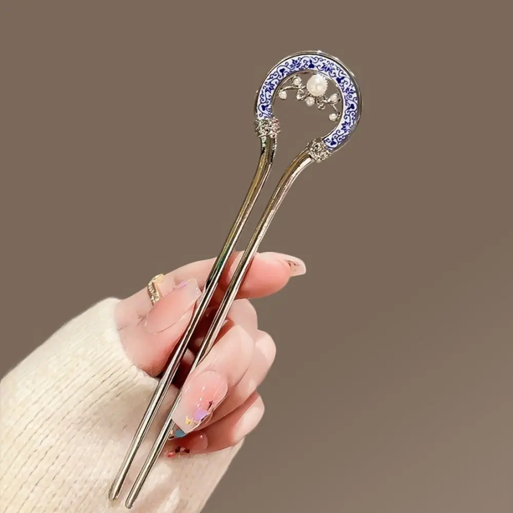 Cute Pearl Metal U Shape Hair Stick U-shaped Hollow Hanfu Hairpin Hair Accessories Hair Chopstick for Women