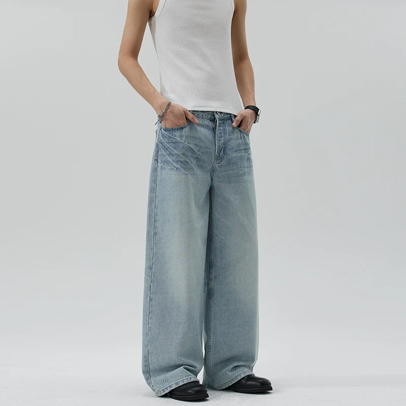 Men's Jeans Vintage Washed Lightning Pattern Light Blue Denim Long Pants Cleanfit Loose Straight Versatile Trousers