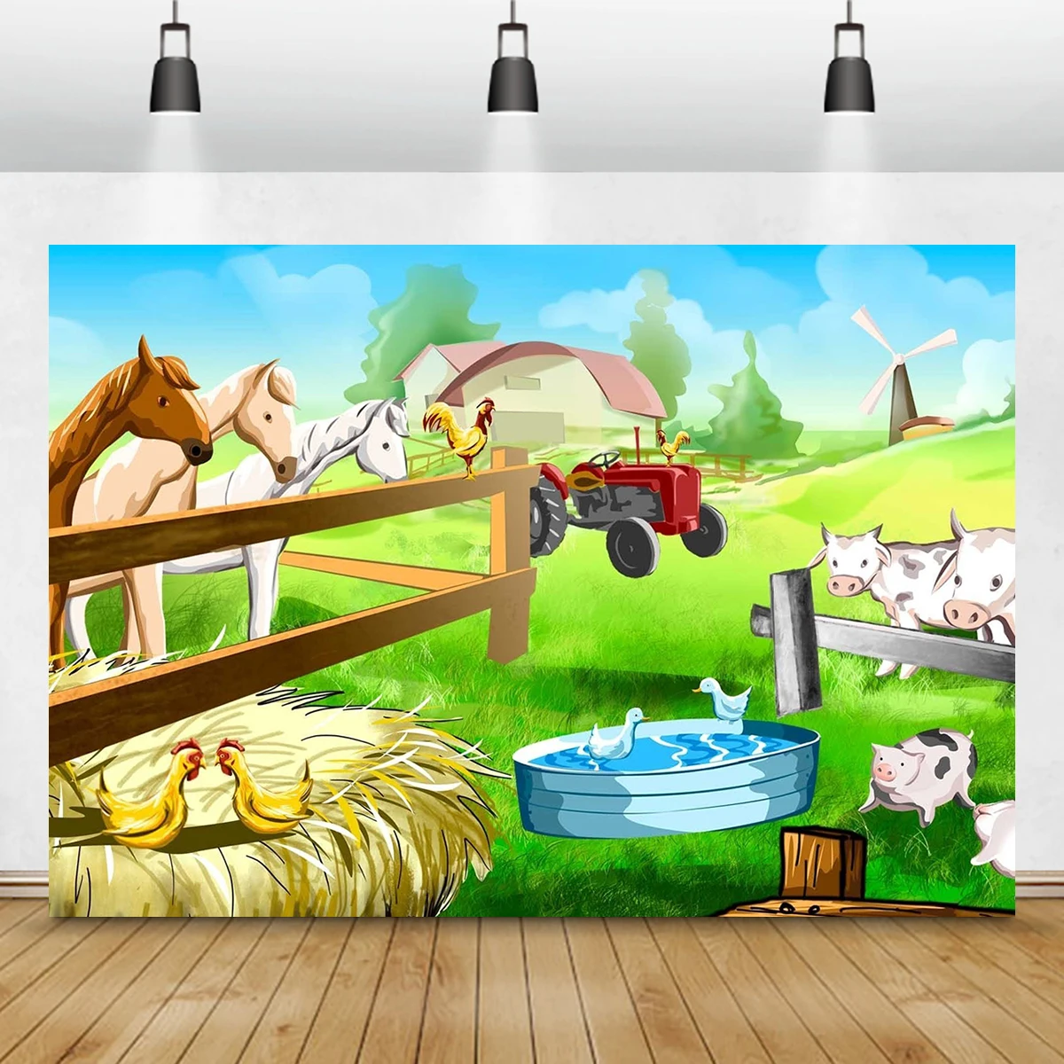 Stable Horse Fence Windmill Countryside Backdrop Birthday Party Decoration Cock Pig Truck Photography Banner Barn Background