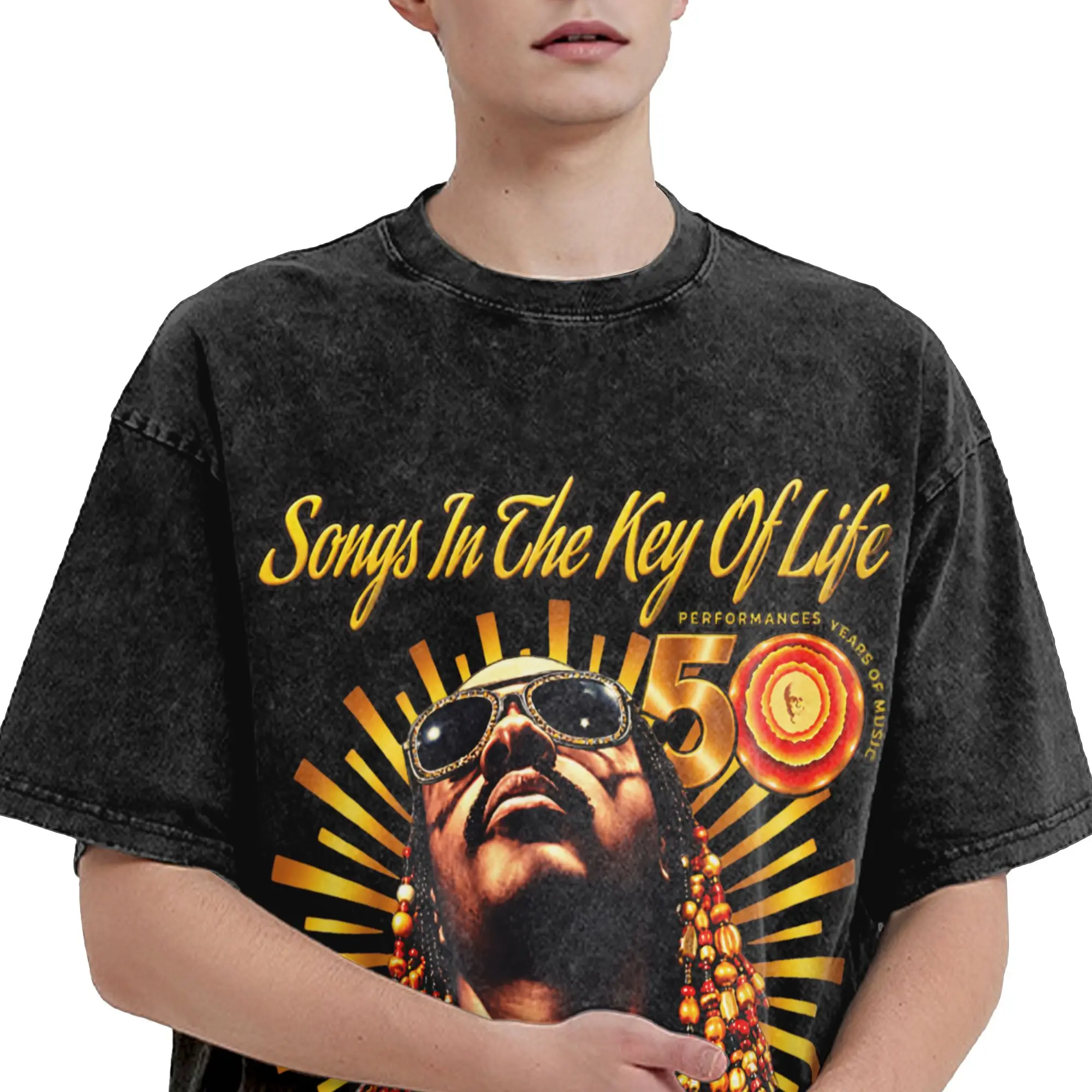 Harajuku Washed Shirts Stevie Wonder Songs in The Key of Life 50th Anniversary Tour  Merch Vintage T-Shirts Oversize  Streetwear
