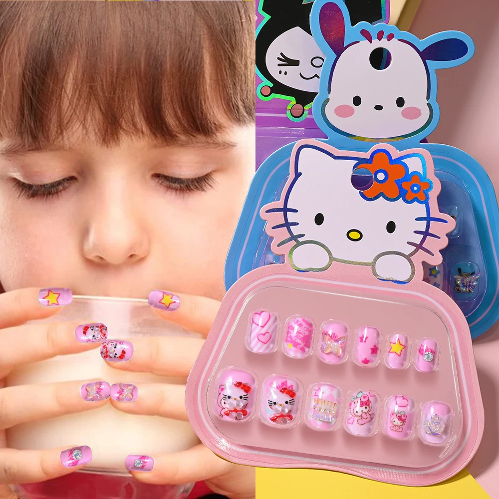 12pcs Pink Hello Kitty Kids Press On Nails Kawaii Melody Kuromi Pochacco Sweet Gilrs False Nails Full Cover Manicure Decorations