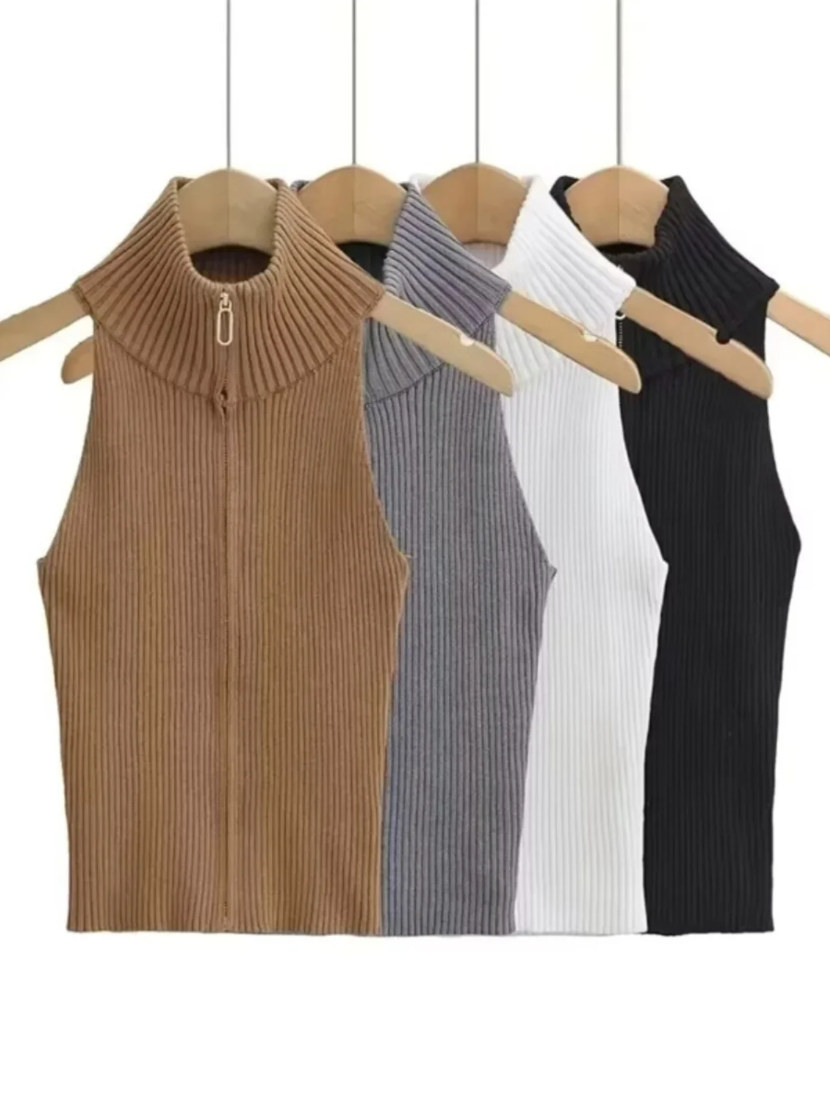 Kołnierz z zamkiem błyskawicznym w stylu Spicy Girl, wysoki dekolt, dzianinowa kamizelka z odkrytymi ramionami, dopasowany krój, styl uliczny, czysty styl C...