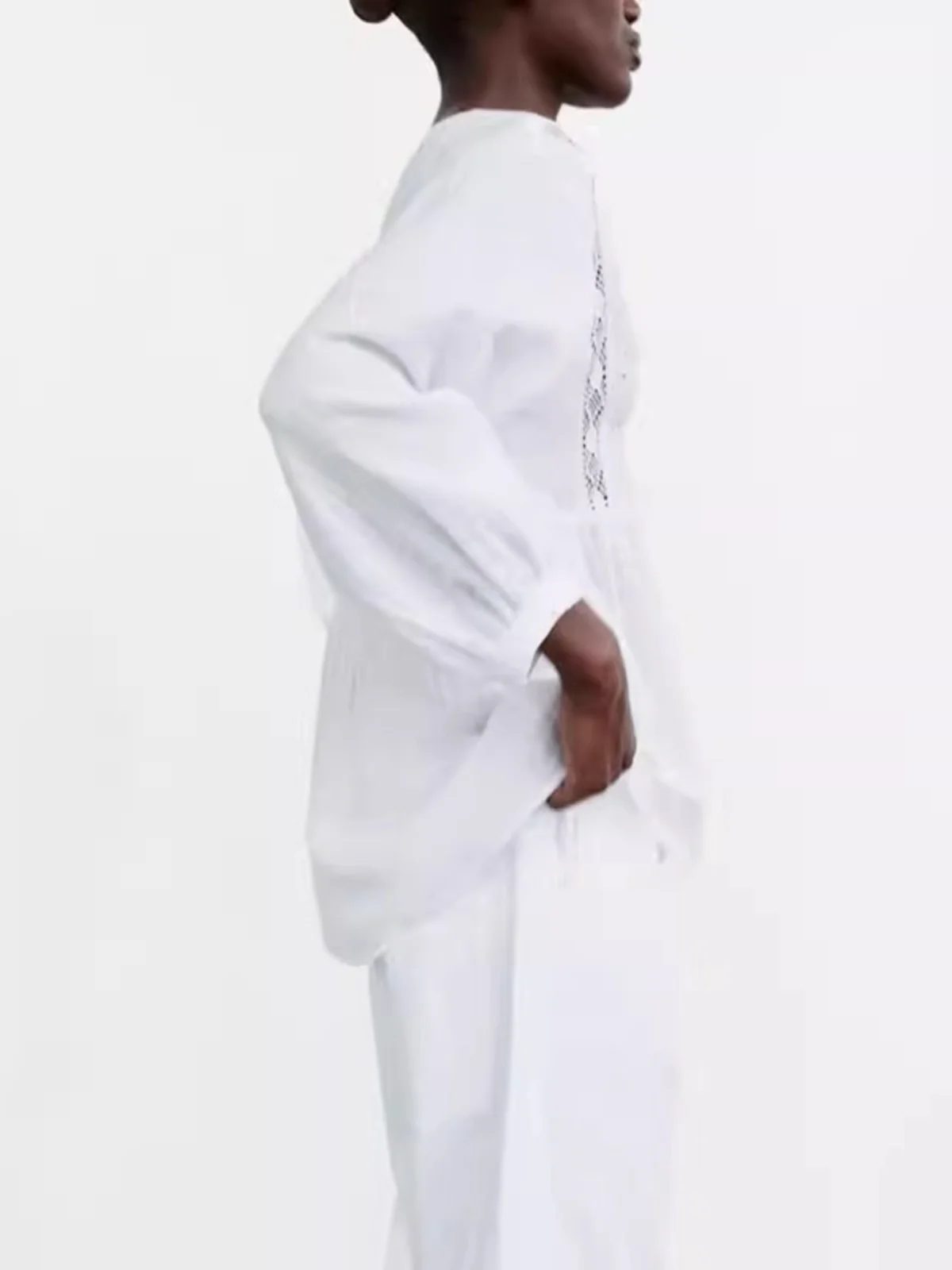 Casual Vertical Lace Trim irt Women's Faionable Decorative Embroidery New Summer irt Loose Fit Long Sve V-Ne