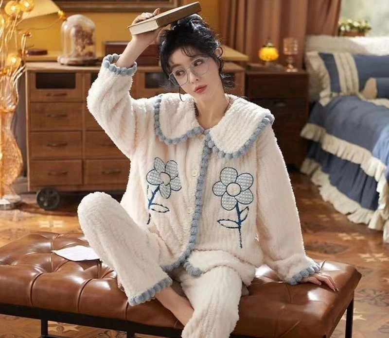 Conjunto de 2 uds de franela a la moda, ropa de dormir de estilo dulce para niña, Top de manga larga y pantalones largos, ropa de descanso cálida de tela suave para mujer, vestido de casa