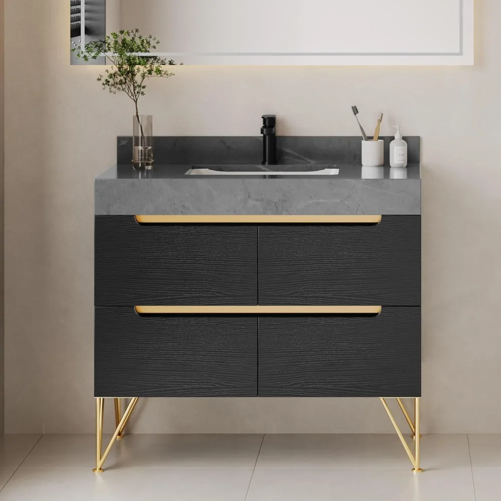 

36 Inch Bathroom Vanity with Sink, Black Bathroom Cabinet with Grey Sintered Stone, 4 Drawers Soft Close System & 4 Metal Legs