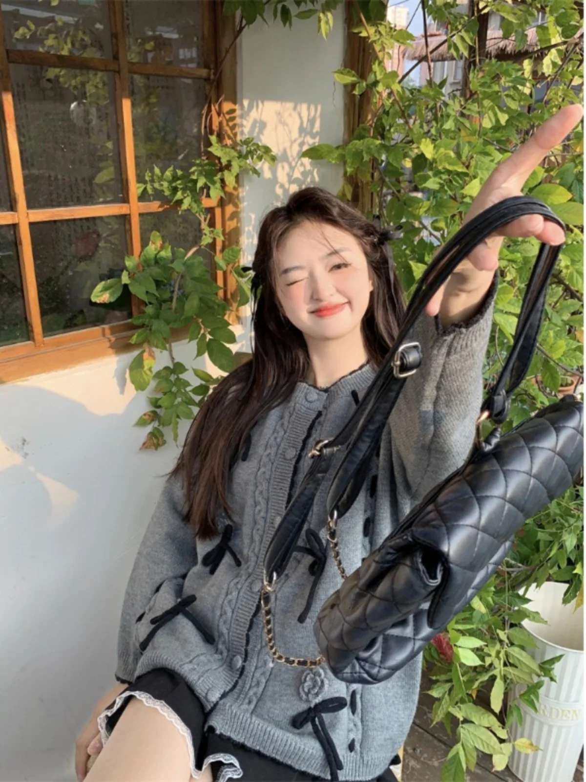 Chic O-Collo 3d Fiore Fiocco Cardigan di lavoro a maglia Abbigliamento da donna Dolce Ragazze Patchwork Maglione Maglieria casual Pullover grigio Top