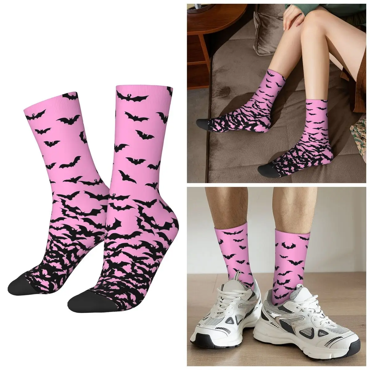 

All Seasons Halloween Playful Bat Pink Pattern Socks Harajuku Crew Socks Funny Stockings for Men Women Gifts
