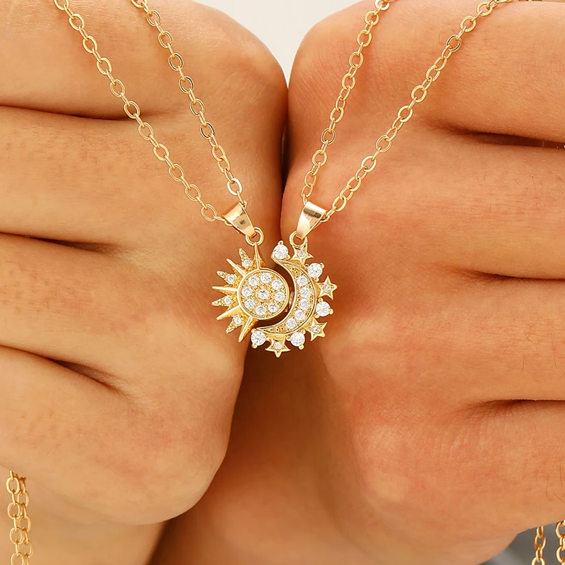 2-teiliges Set Magnetische Sonne-Mond-Anhänger Halsketten für Frauen und Männer Metall Zirkon Strass Sonne-Mond Paar-Halsketten Set Schmuck Geschenke – Detail 6