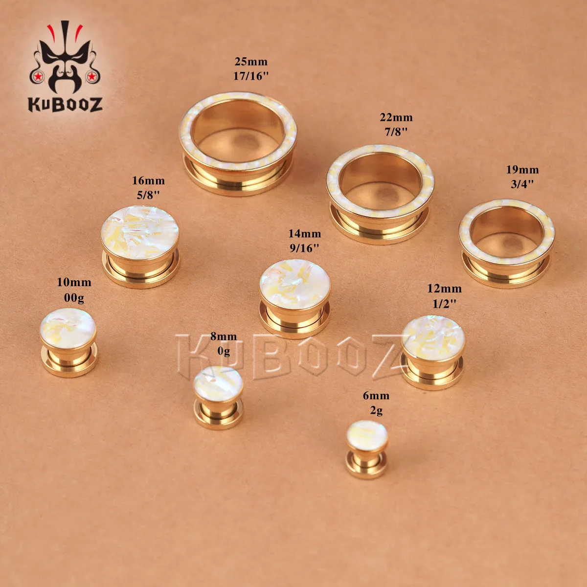 KUBOOZ Vergoldete Ohr-Tunnel-Plugs mit rosa schillernder Muscheleinlage, Edelstahl-Ohr-Dehner, Piercing-Schmuck, Geschenk – Detail 1