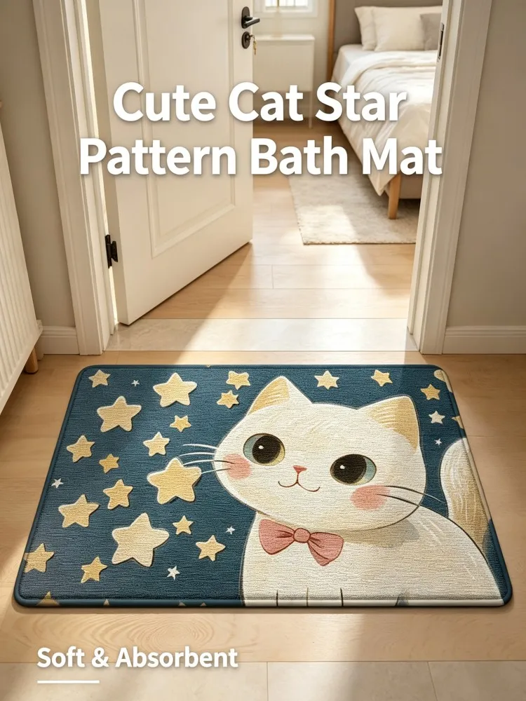 Cute Bow White Cat Star Print Bath Mat, Soft Water Absorbent Cartoon Kitten Floor Rug Non Slip Doormat for Bathroom Bedroom Entr