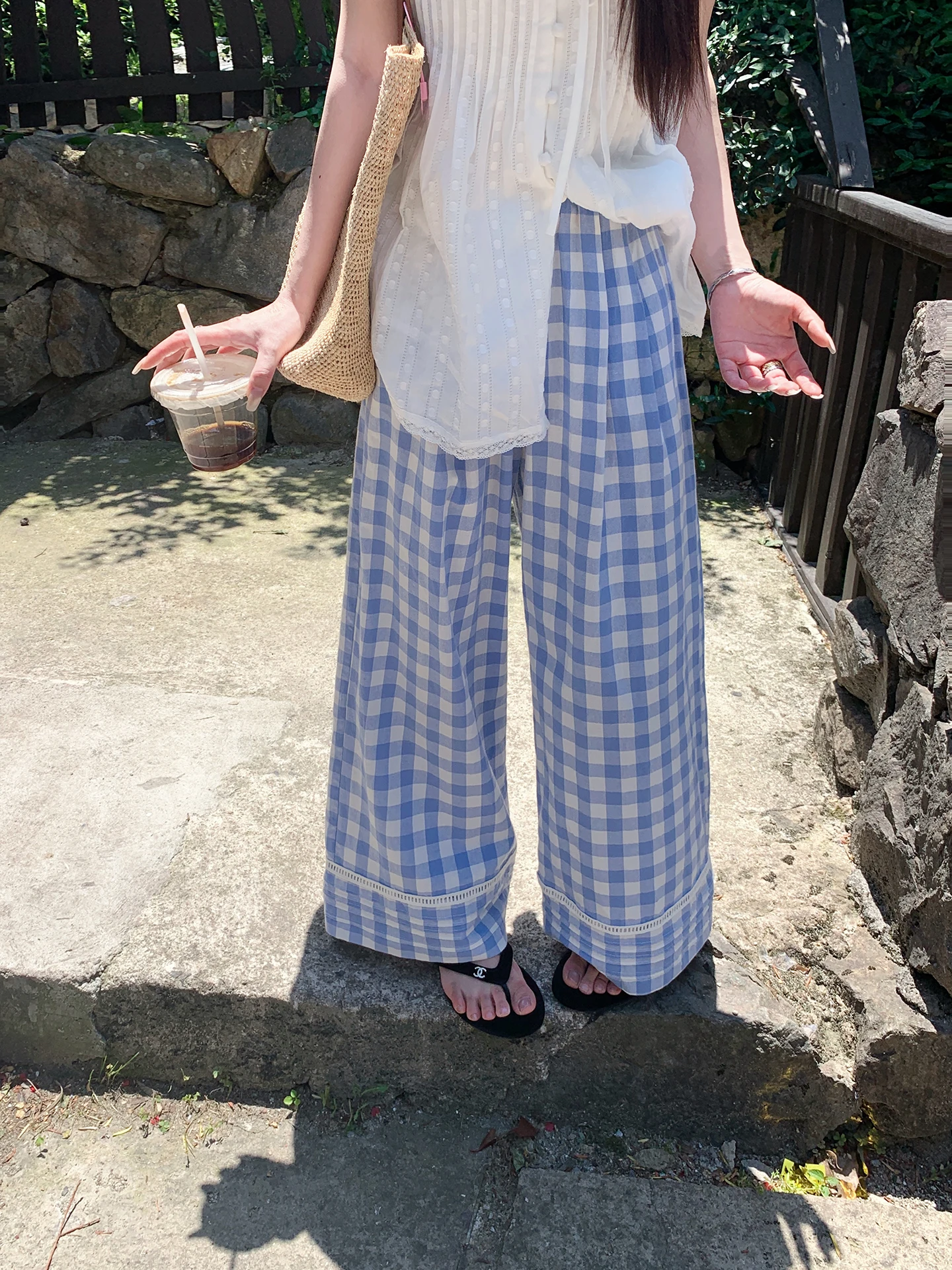 

EVNSLE Summer Thin Blue Plaid Lace Patchwork Straight Casual Pants Wide Leg Long Women's Comfortable Breathable Cotton Trou...