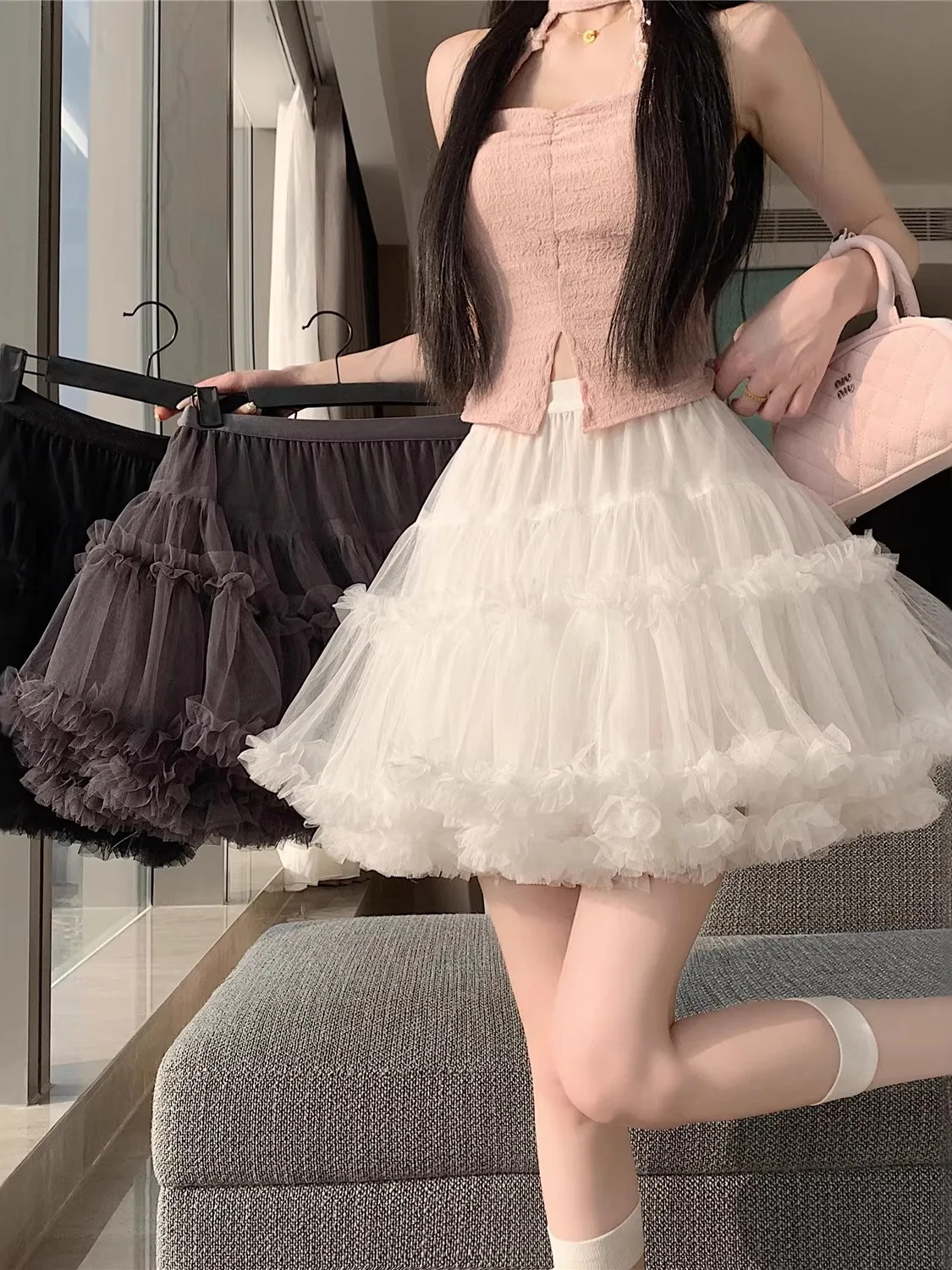 Spring Summer New Style High Waist Cake Skirt Mesh Ballet Wind A-Line Princess Skirt Anti-Light Walking Women's Fashion