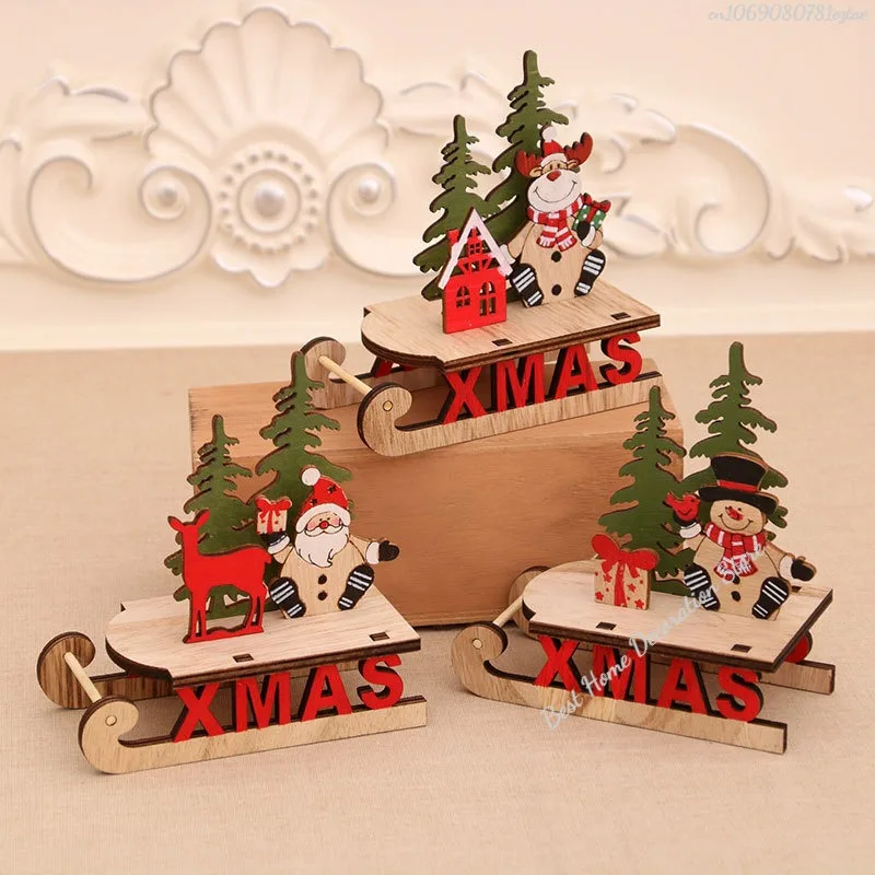 Snowman Wooden Desktop Christmas Decorations Xmas Sleigh Santa Claus Deer Cart Merry Xmas New Yaer Party Decor For 2024 Navidad