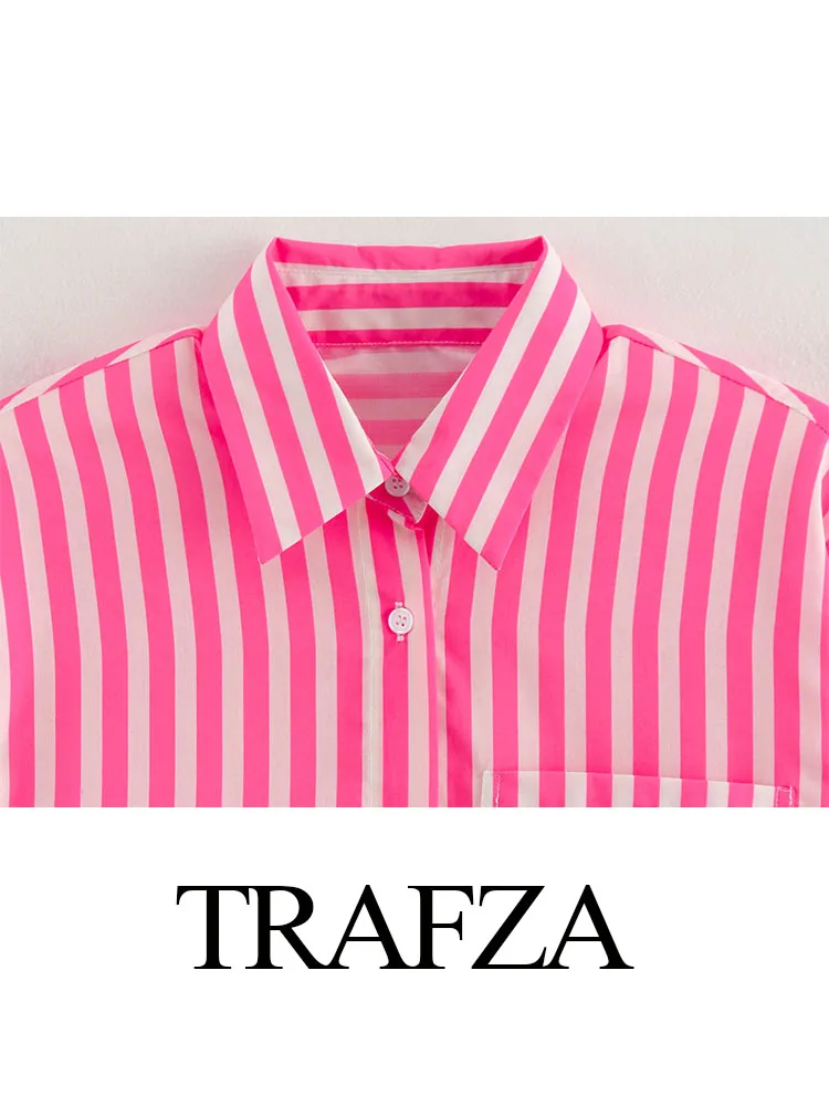 TRAFZA Women Fashion Pink Striped Set Turn Down Collar Single Breasted Shirt Top + Elastic Waist Lace-Up Drawstring Woman Shorts