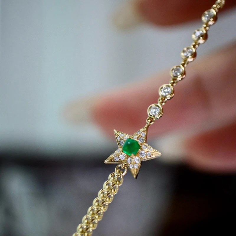 Aazuo High Quality Fashion 18K Yellow Gold Real Diamonds Natural Emerald Lovely Star Bracelet Gifted For Women High Cass Banquet