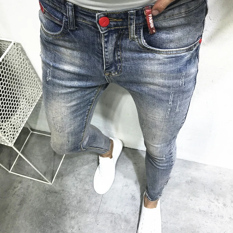 

Trendy Men's Summer Slim Fit Vintage Light Blue Jeans Nine Point Small Foot Skinny Jeans Casual Youth ular Jeans