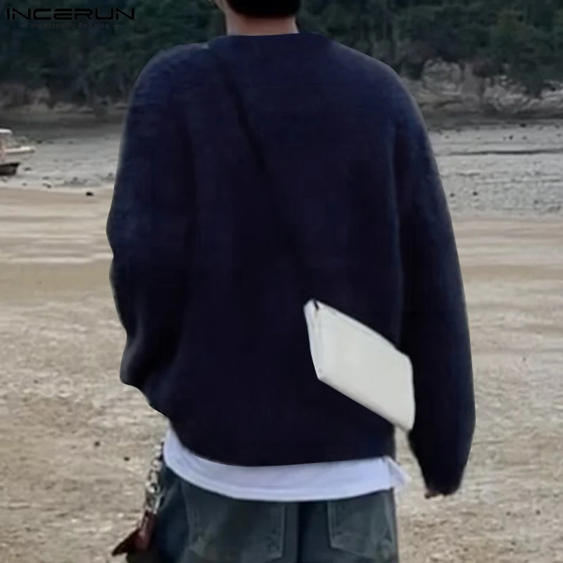 Men Sweaters Knitted Plush Solid Color V Neck Long Sleeve Pullovers Streetwear Loose 2023 Korean Fashion Men Clothing INCERUN