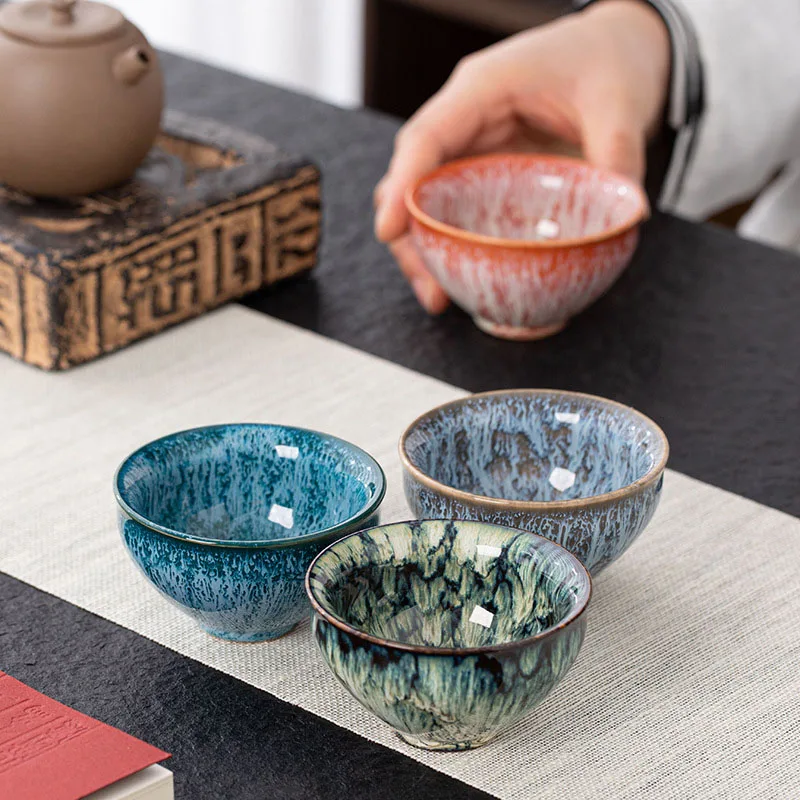 

Large 1pc Japanese Master Teacup Multicolor Kung Fu Single Tea Ceramics Kiln Fambe Porcelain Temmoku Glaze Retro Cup