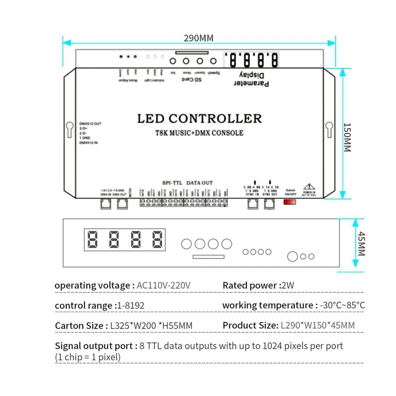 T8K Musica + Console DMX Porta a 8 canali con microfono In/Aux In SPI-TTL Controller per strisce luminose a LED per WS2811 WS2812B