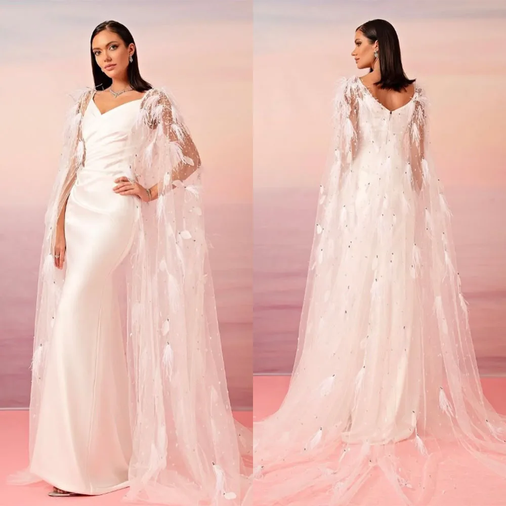

High Quality Customized Floor Length Cap Sleeve Feathers Beaded White Zipper Elegant Dress Women for Wedding Party فساتين سهره