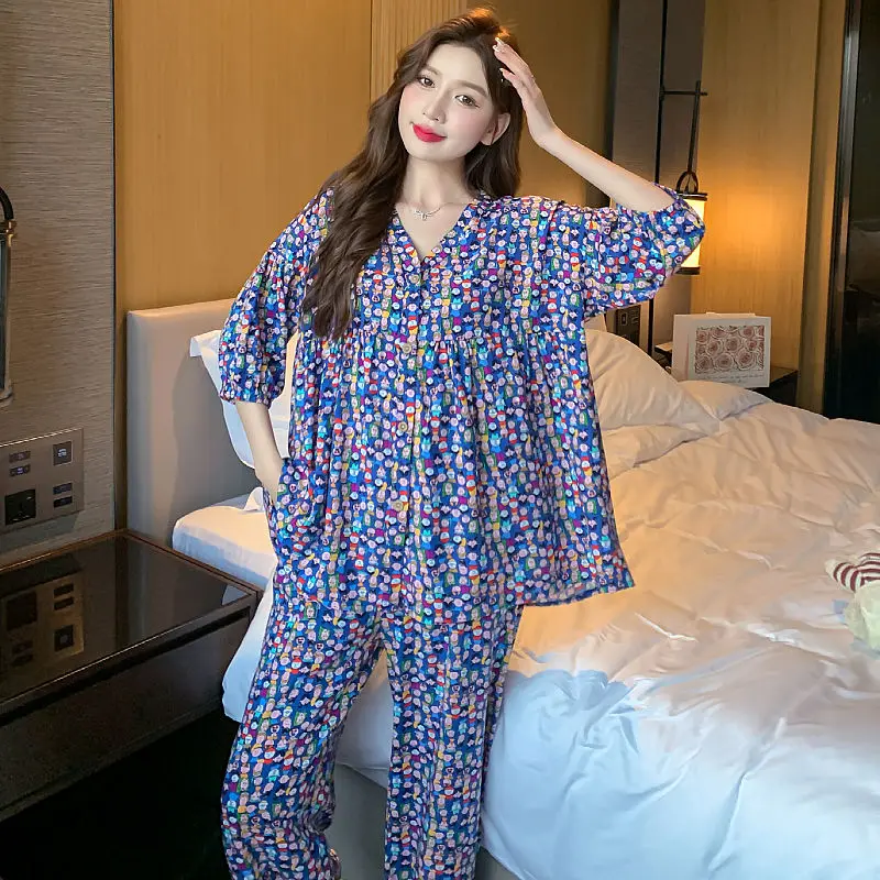 [100%] Spring Summer New Cotton Silk Pajamas for Women Fat Mm Large Size Pajamas Set Trousers Seven Points Sleeve Two-piece Set