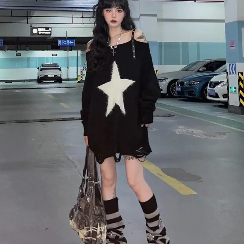Maglione con spalle scoperte Vintage Black Star donna maglione lavorato a maglia Sexy allentato Y2k
