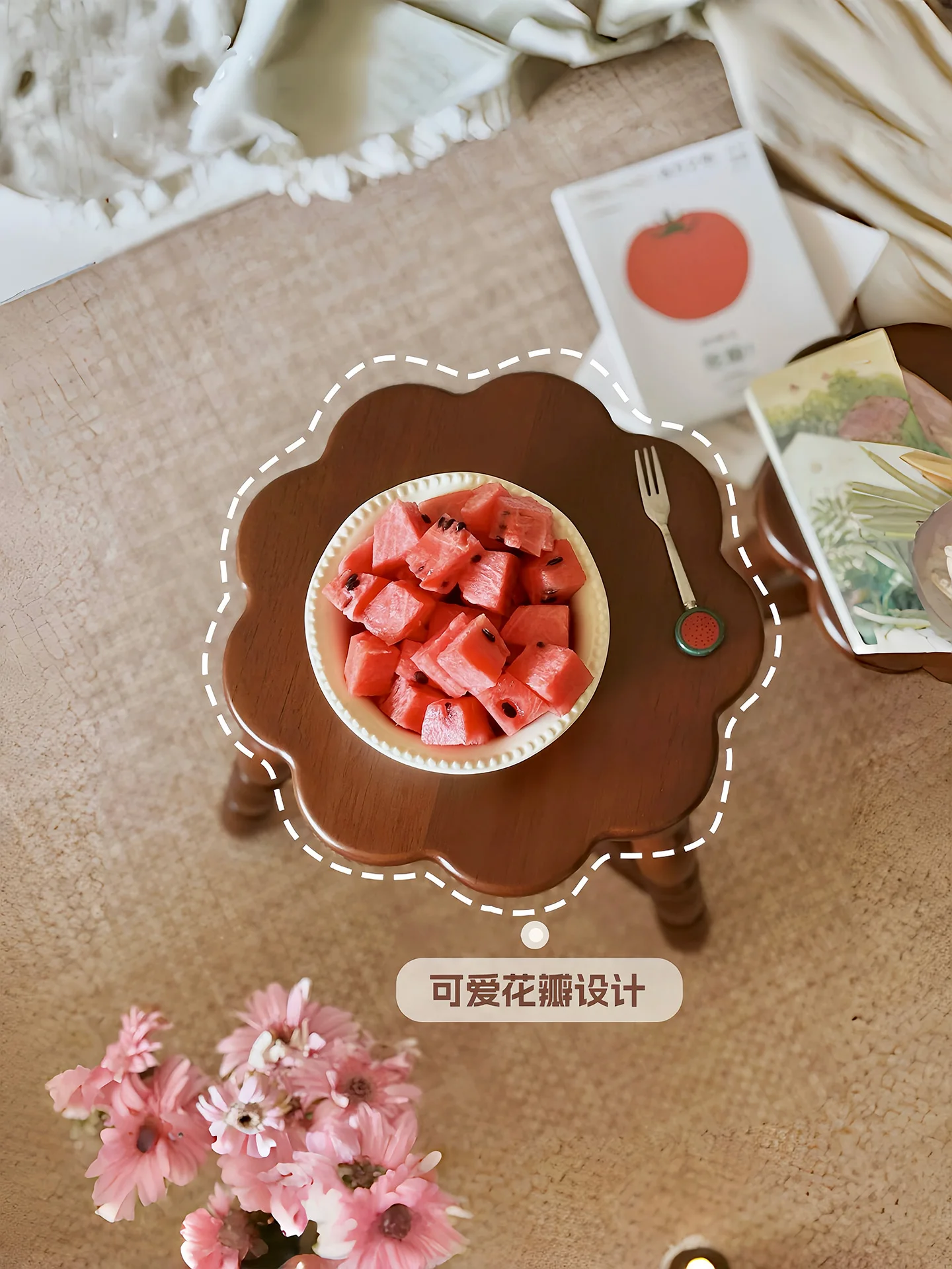 

*a forFrench Walnut Solid Wood Petal Stool: Retro Low Seat for Living Room Sofa, Bedroom Vanity & Shoe Changing*