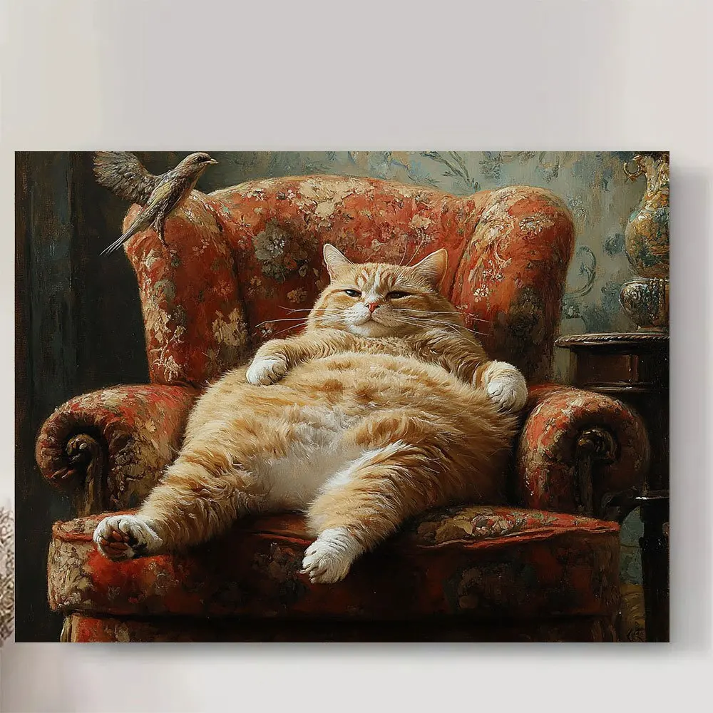 (No frame)2D Flat, 2d Flat of 2D Wooden Framed Canvas Painting- An Elegant Fat Cat Resting in a Luxurious Armchair, with Brig